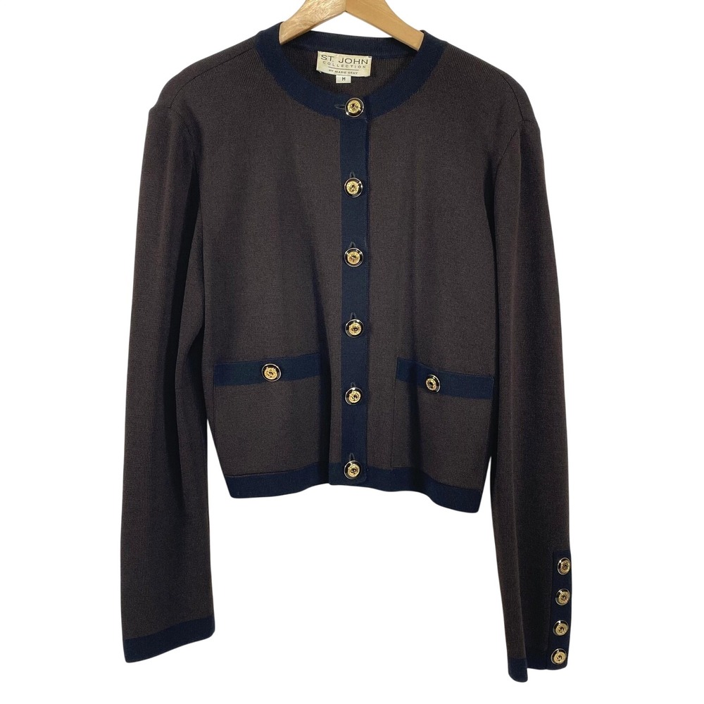 St John Sweater Womens Medium Brown Navy Gold Button Cardigan Santana Knit Luxur